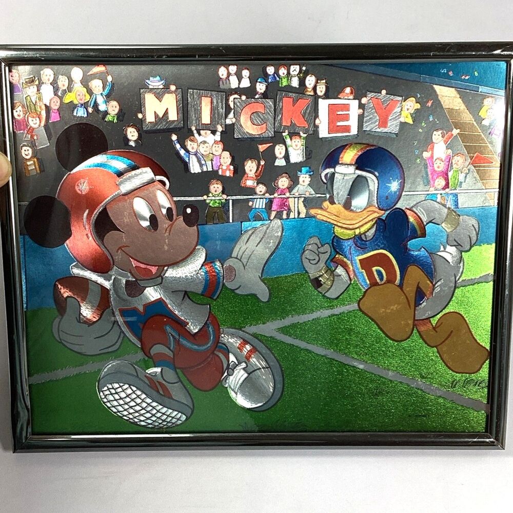Vintage Walt Disney Mickey Football Foil Art Print Framed Retro Holographic 8x10